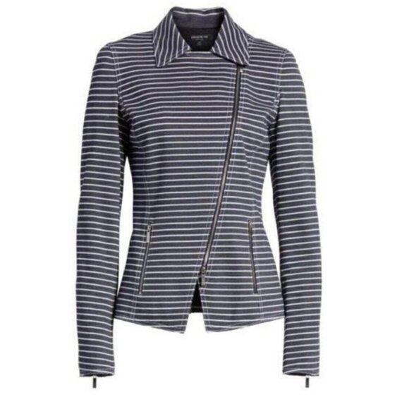 Lafayette 148 Sz 12 Blue Striped Moto Blazer Jacket l Full Zip Up Womens - Picture 6 of 12